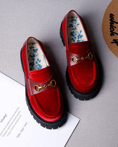 Horsebit-Bee-Embroidery-Velvet-Mid-Heel-Platform-Leather-Chunky-Loafers