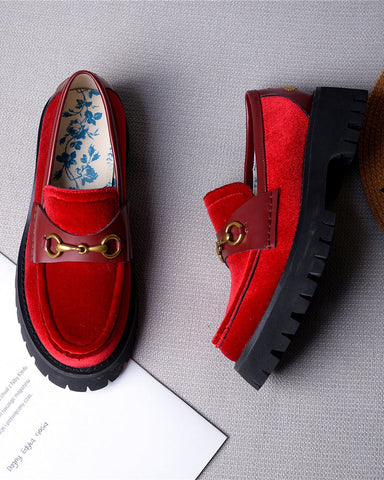 Horsebit-Bee-Embroidery-Velvet-Mid-Heel-Platform-Leather-Chunky-Loafers