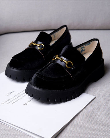 Horsebit-Bee-Embroidery-Velvet-Mid-Heel-Platform-Leather-Chunky-Loafers