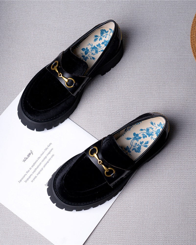 Horsebit-Bee-Embroidery-Velvet-Mid-Heel-Platform-Leather-Chunky-Loafers