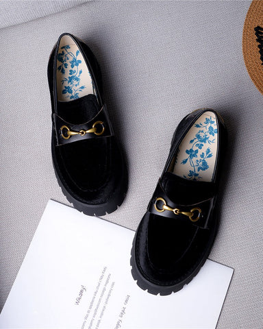 Horsebit-Bee-Embroidery-Velvet-Mid-Heel-Platform-Leather-Chunky-Loafers