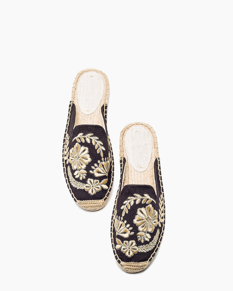 Floral-Pattern-Embroidered-black-linen-Espadrille-Flat-Mules-sandals