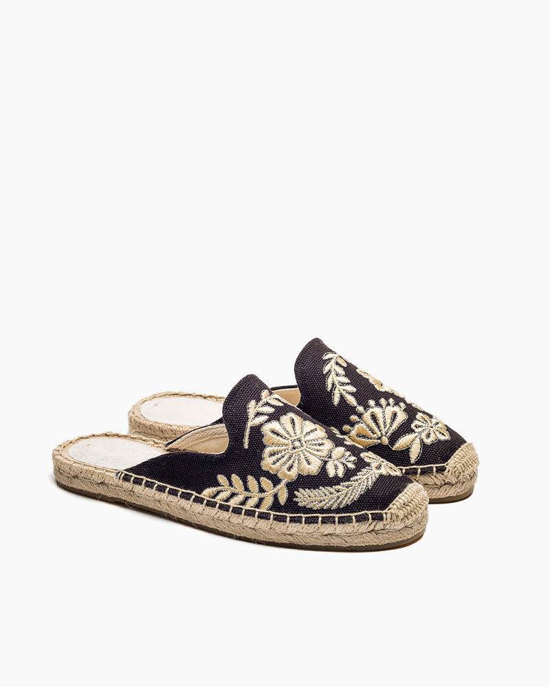 Floral-Pattern-Embroidered-black-linen-Espadrille-Flat-Mules-sandals