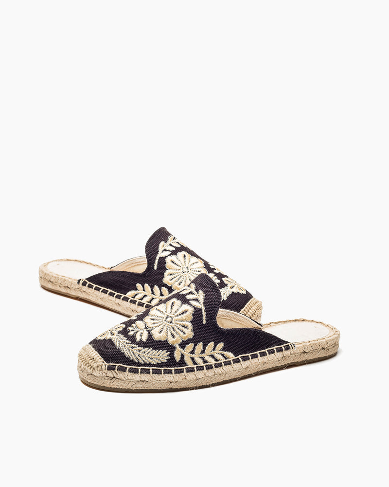 Floral-Pattern-Embroidered-black-linen-Espadrille-Flat-Mules-sandals