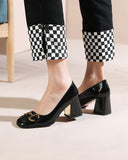 Horsebit-Patent-Leather-Thick-Heel-Shallow-Mouth-Loafers