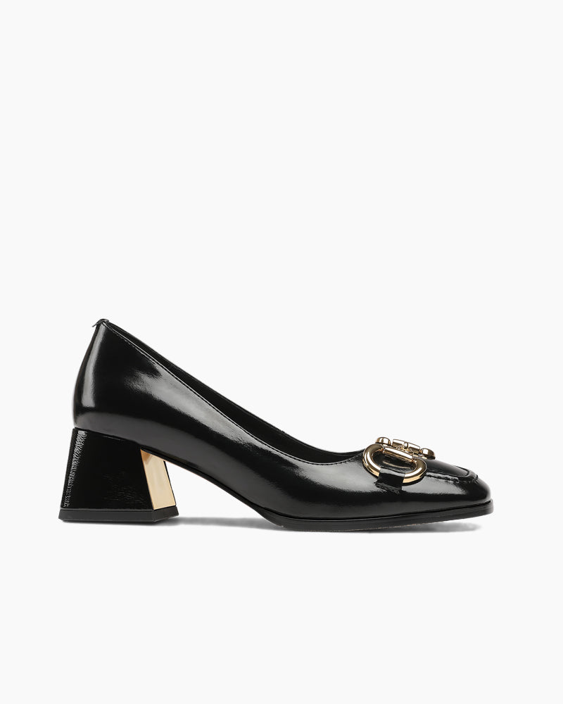 Horsebit-Patent-Leather-Mid-Heel-Shallow-Mouth-Loafers