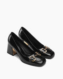 Horsebit-Patent-Leather-Thick-Heel-Shallow-Mouth-Loafers