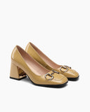 Horsebit-Patent-Leather-Thick-Heel-Shallow-Mouth-Loafers