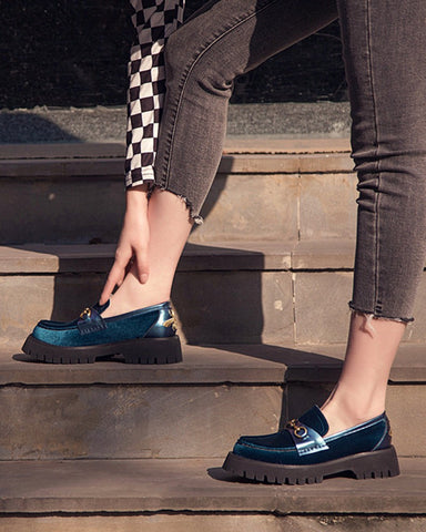 Horsebit-Bee-Embroidery-Velvet-Mid-Heel-Platform-Leather-Chunky-Loafers