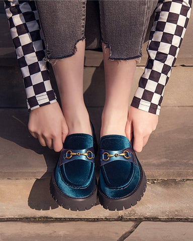 Horsebit-Bee-Embroidery-Velvet-Mid-Heel-Platform-Leather-Chunky-Loafers