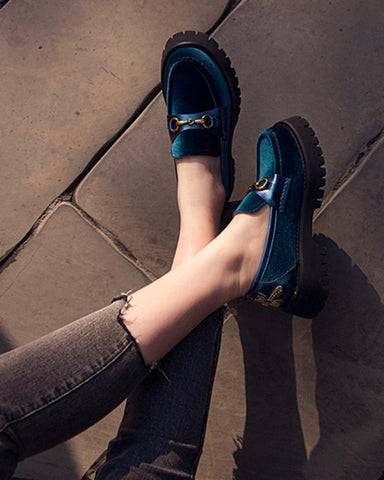 Horsebit-Bee-Embroidery-Velvet-Mid-Heel-Platform-Leather-Chunky-Loafers