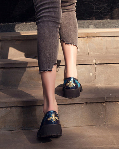 Horsebit-Bee-Embroidery-Velvet-Mid-Heel-Platform-Leather-Chunky-Loafers