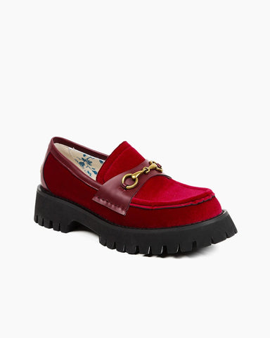 Horsebit-Bee-Embroidery-Velvet-Mid-Heel-Platform-Leather-Chunky-Loafers