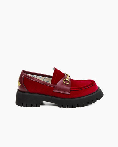 Horsebit-Bee-Embroidery-Velvet-Mid-Heel-Platform-Leather-Chunky-Loafers