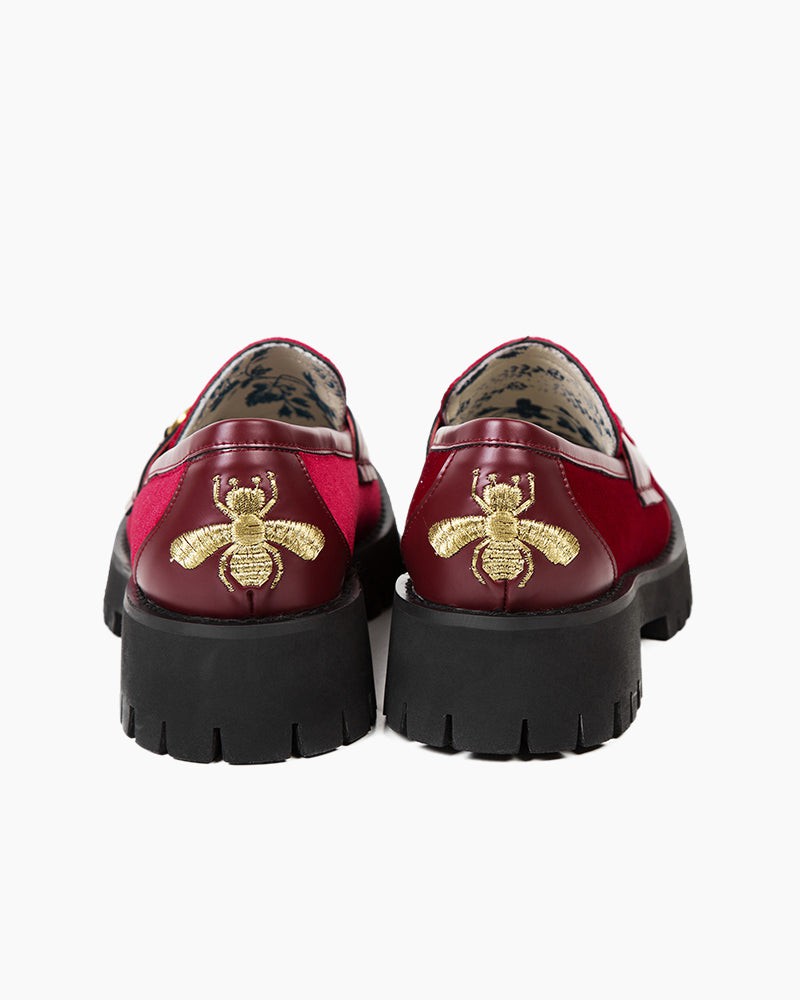 Horsebit-Bee-Embroidery-Velvet-Mid-Heel-Platform-Leather-Chunky-Loafers