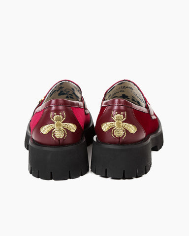 Horsebit-Bee-Embroidery-Velvet-Mid-Heel-Platform-Leather-Chunky-Loafers