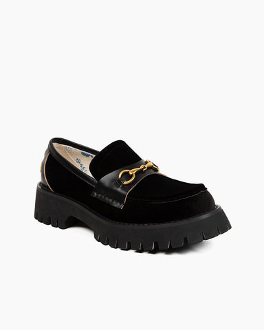 Horsebit-Bee-Embroidery-Velvet-Mid-Heel-Platform-Leather-Chunky-Loafers