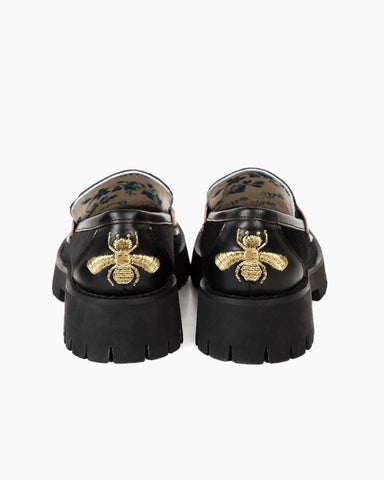 Horsebit-Bee-Embroidery-Velvet-Mid-Heel-Platform-Leather-Chunky-Loafers