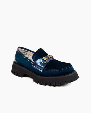 Horsebit-Bee-Embroidery-Velvet-Mid-Heel-Platform-Leather-Chunky-Loafers
