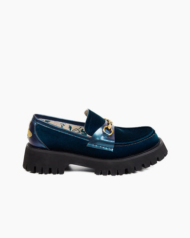 Horsebit-Bee-Embroidery-Velvet-Mid-Heel-Platform-Leather-Chunky-Loafers