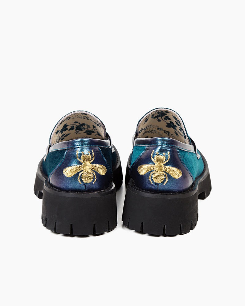 Horsebit-Bee-Embroidery-Velvet-Mid-Heel-Platform-Leather-Chunky-Loafers