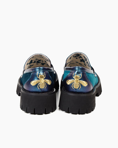 Horsebit-Bee-Embroidery-Velvet-Mid-Heel-Platform-Leather-Chunky-Loafers