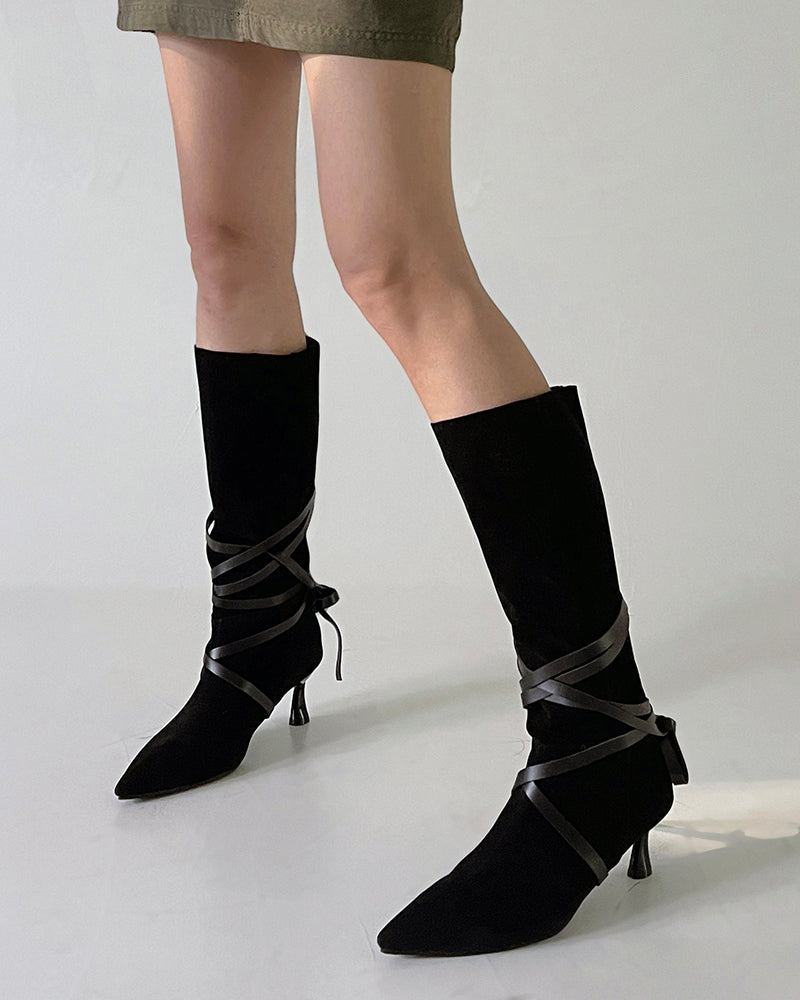 Pointed-toe-Buckle-Belt-Strappy-Mid-Knee-High-Boots