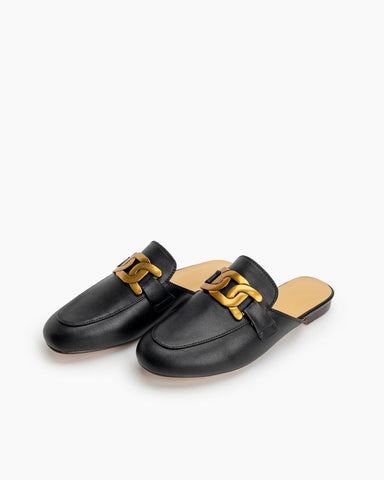 Round-Toe-Metal-Buckle-Flat-leather-Mules