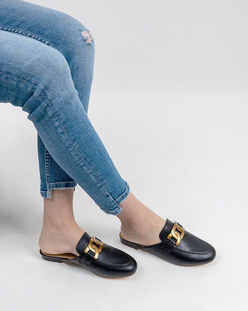 Round-Toe-Metal-Buckle-Flat-leather-Mules
