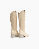 Western Embroidered Knee High Pull on Tall Wide Calf Knee High Boots