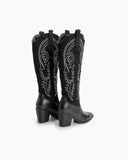 Western Embroidered Knee High Pull on Tall Wide Calf Knee High Boots