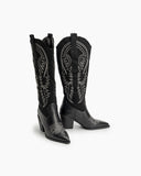 Western Embroidered Knee High Pull on Tall Wide Calf Knee High Boots