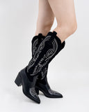Western Embroidered Knee High Pull on Tall Wide Calf Knee High Boots