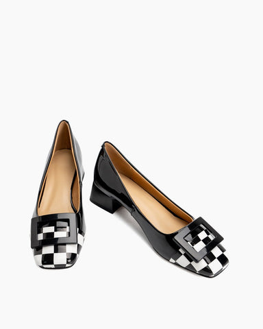 Square Buckle Checkered Print Chunky Heels