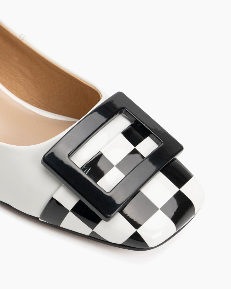 Square Buckle Checkered Print Chunky Heels