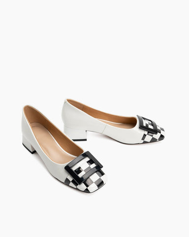 Square Buckle Checkered Print Chunky Heels