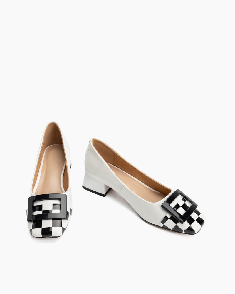Square Buckle Checkered Print Chunky Heels