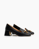 Classic Metal Buckle Square Toe Mid Heel Loafers