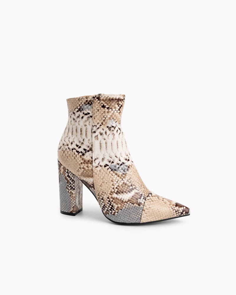 Snake Print Chunky Block Mid Heels Ankle Boots