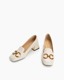 Classic Metal Buckle Square Toe Mid Heel Loafers