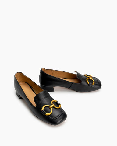 Horsebit-Classic-Metal-Buckle-Square-Toe-Low-Heel-Flat-Loafers