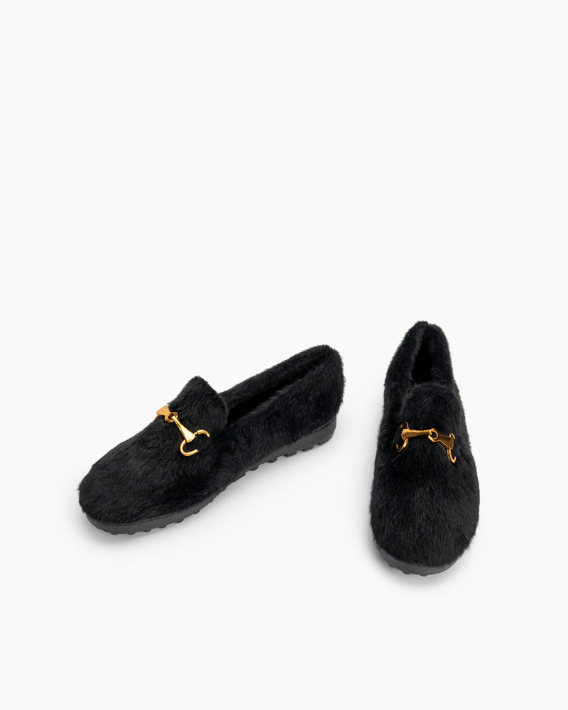 Horsebit-Classic-Metal-Buckle-Furry-Plush-Flat-Winter-Warm-Slippers-Loafers