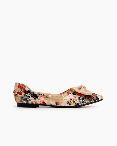 Bowknot-Floral-Print-Pointed-Toe-Flat-Shallow-Mouth-Loafers