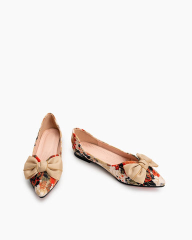 Bowknot-Floral-Print-Pointed-Toe-Flat-Shallow-Mouth-Loafers