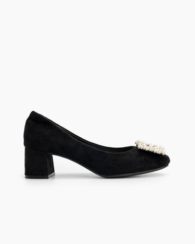 Square Toe Pearl Buckle Slip On Block High Heel Pumps