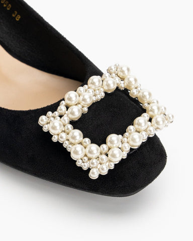 Square Toe Pearl Buckle Slip On Block High Heel Pumps