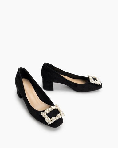 Square Toe Pearl Buckle Slip On Block High Heel Pumps