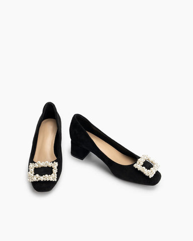 Square Toe Pearl Buckle Slip On Block High Heel Pumps