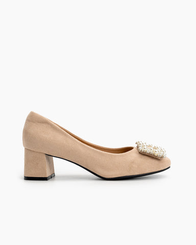 Square Toe Pearl Buckle Slip On Block High Heel Pumps