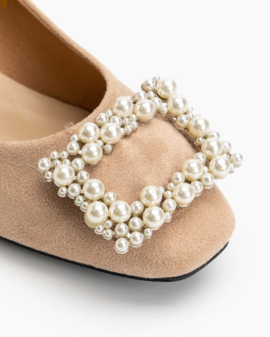Square Toe Pearl Buckle Slip On Block High Heel Pumps